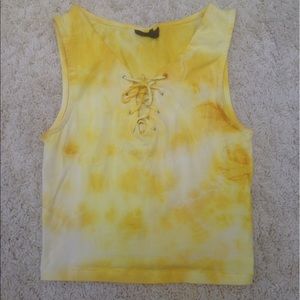 Topshop yellow tie dye crop top lace up