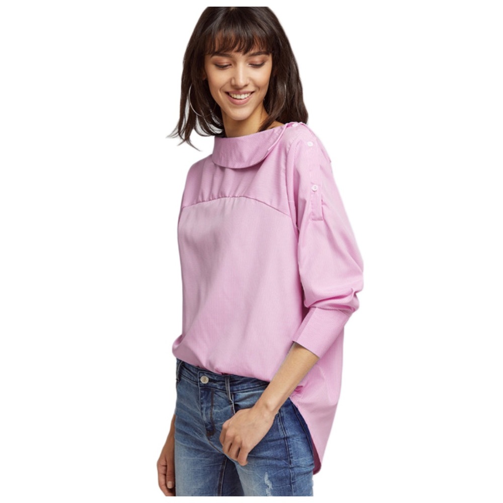 Pink Stripe Asymmetrical Collar Oversize Top - Picture 2 of 4