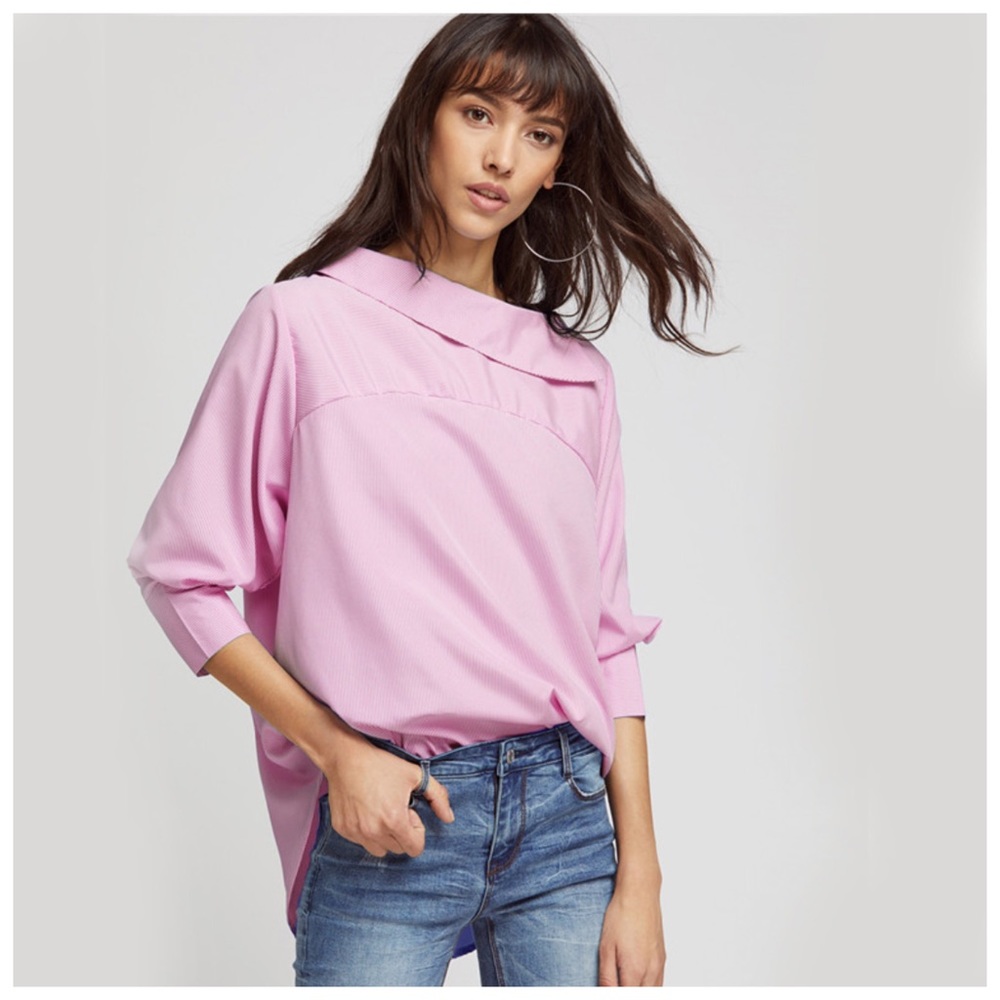 Pink Stripe Asymmetrical Collar Oversize Top - Picture 4 of 4