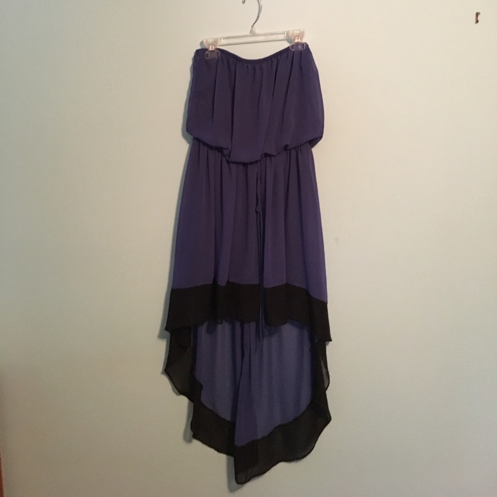 Blue and black high-low strapless dress