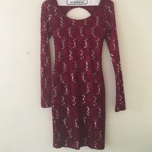 Red Lace Sequin Long Sleeve Formal Dress