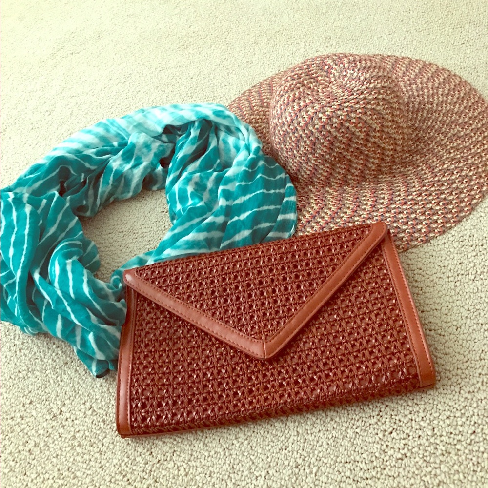 Gently used hat, sarong and clutch
