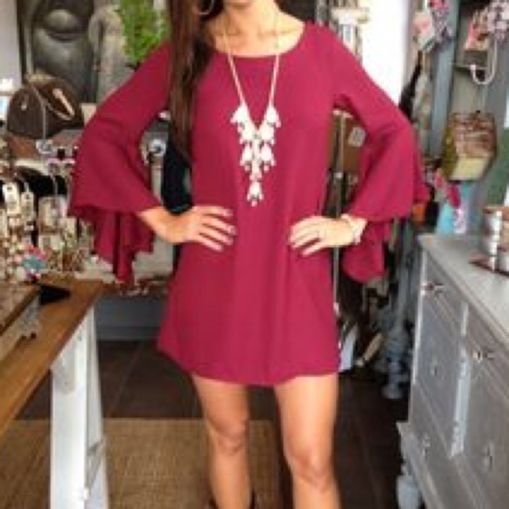 Coveted Boutique Burgundy Bell Sleeve Dress