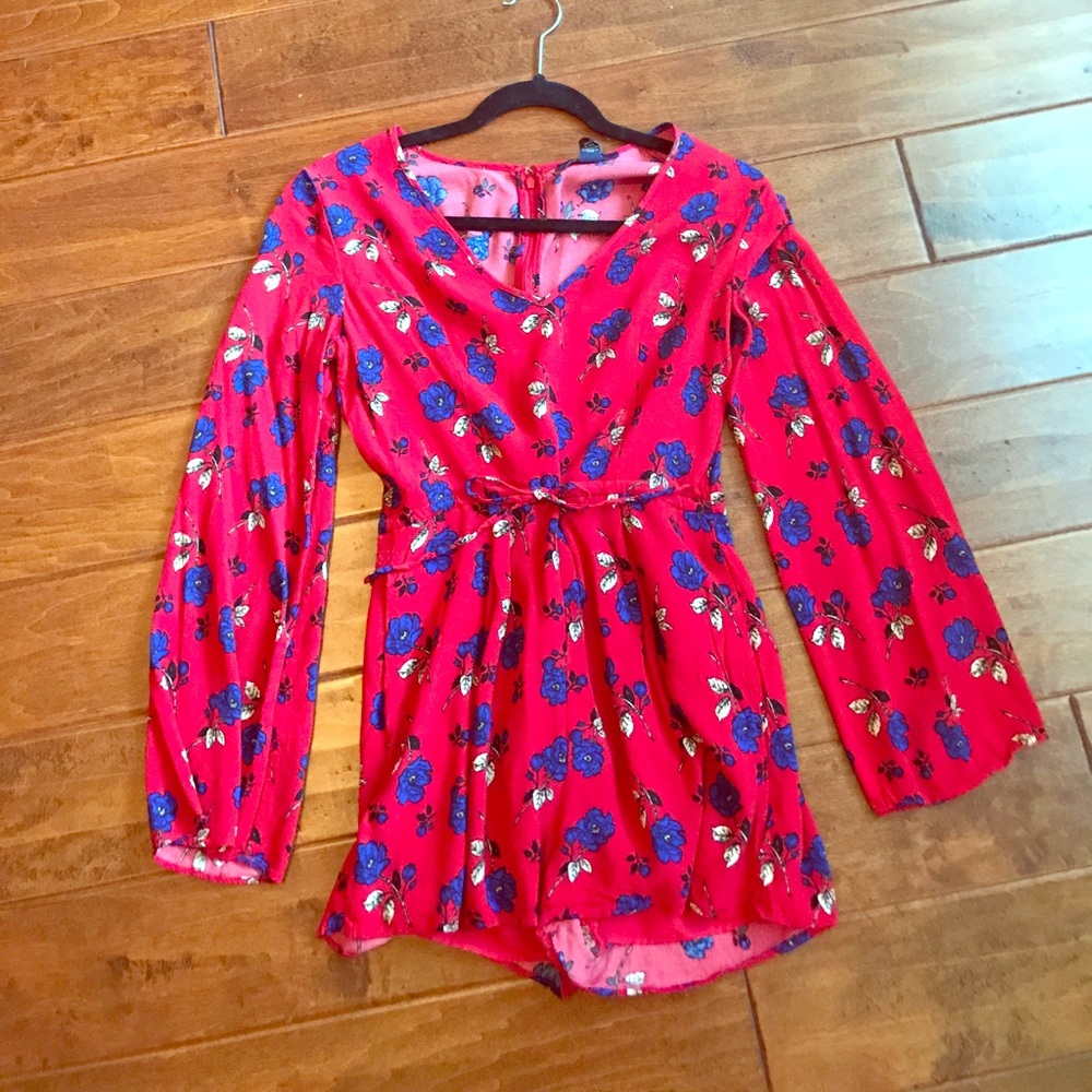 Red Romper with blue flowers