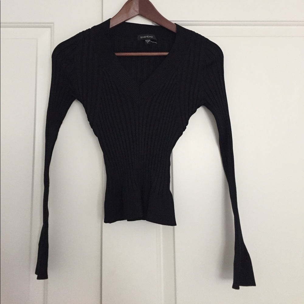 BEBE Ribbed V-Neck Black Sweater