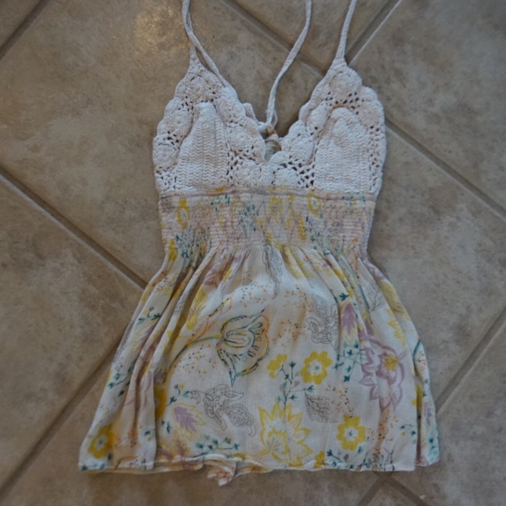 Free People Cream Floral Knit Tank Top