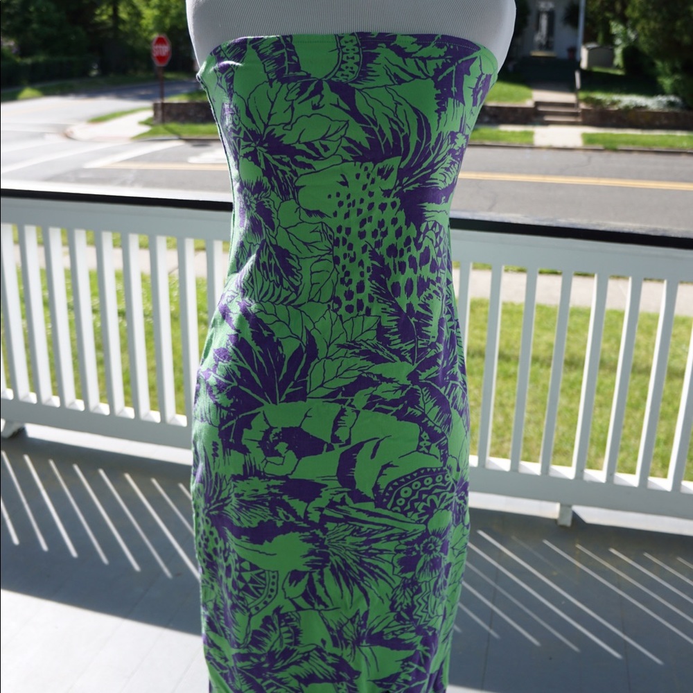 Floral green and purple strapless dress
