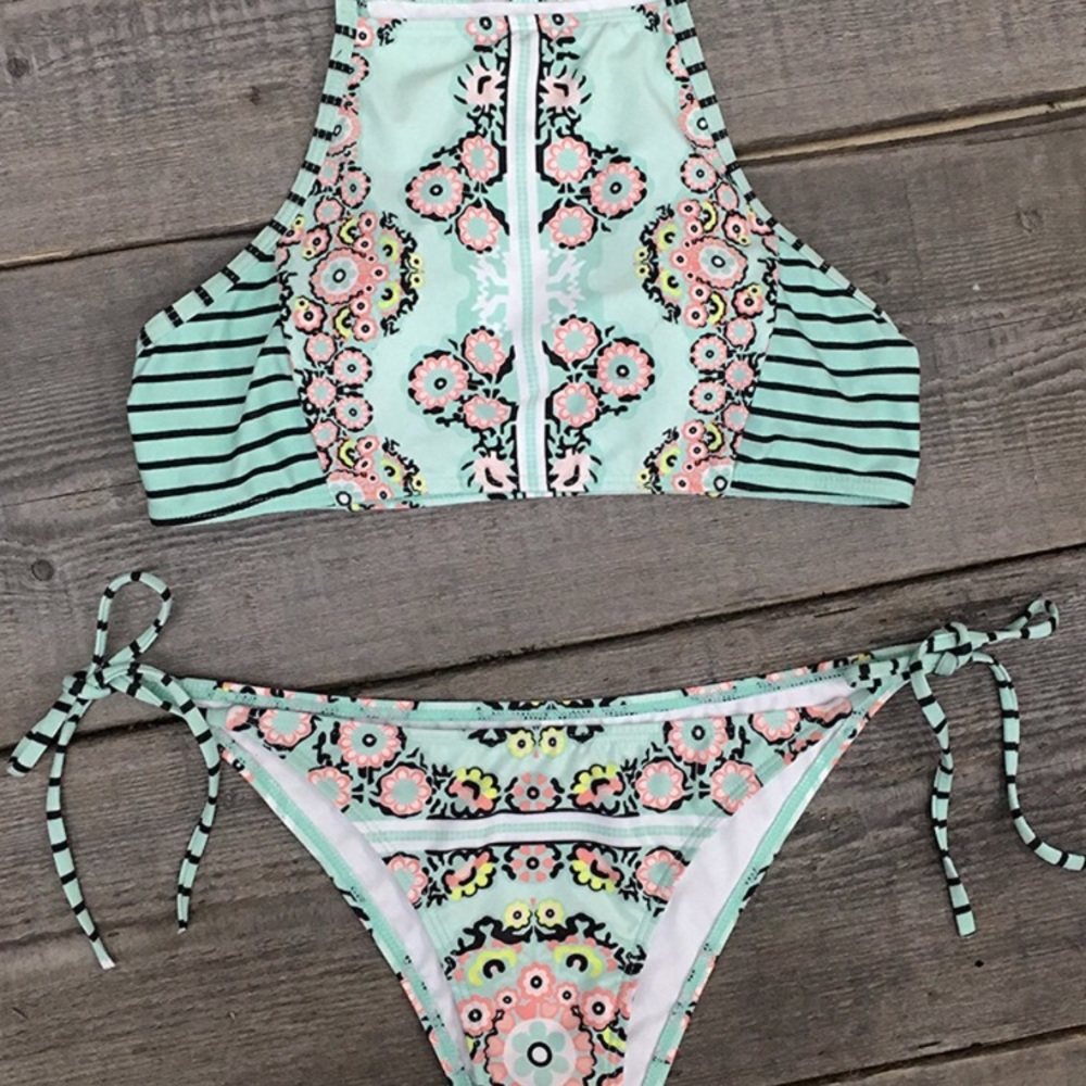 High neck bikini floral NWOT