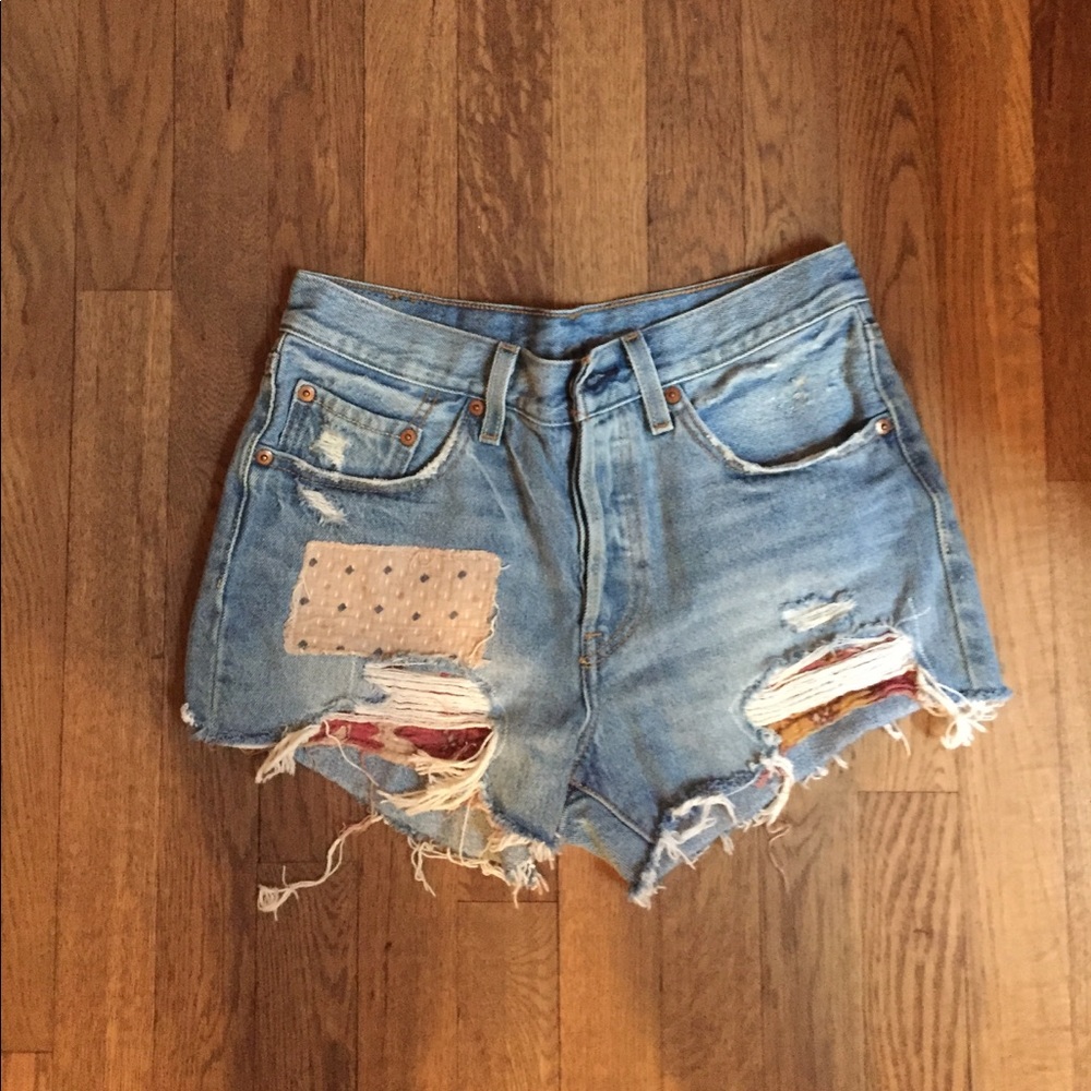 high waisted jean shorts with patchwork