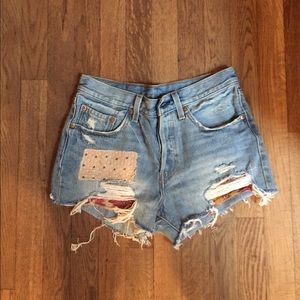 high waisted jean shorts with patchwork