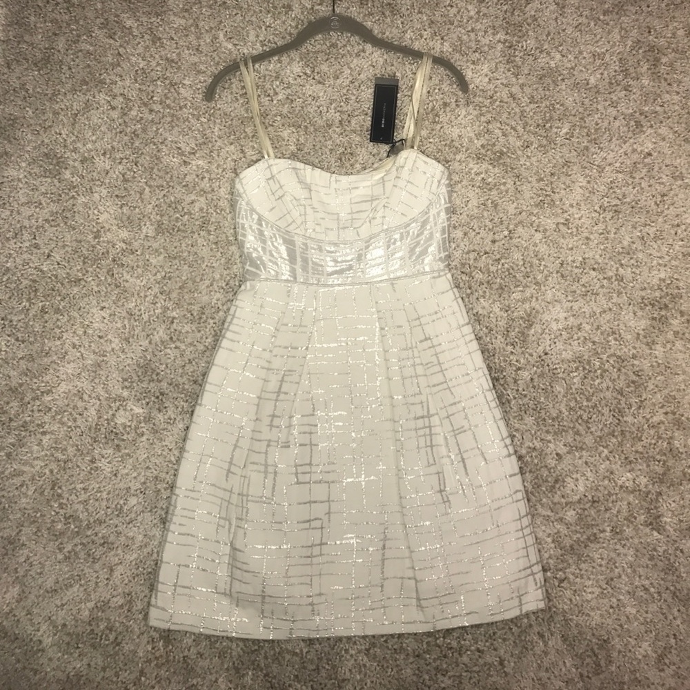 BCBGMaxAzria Cream and Silver Strapless Dress