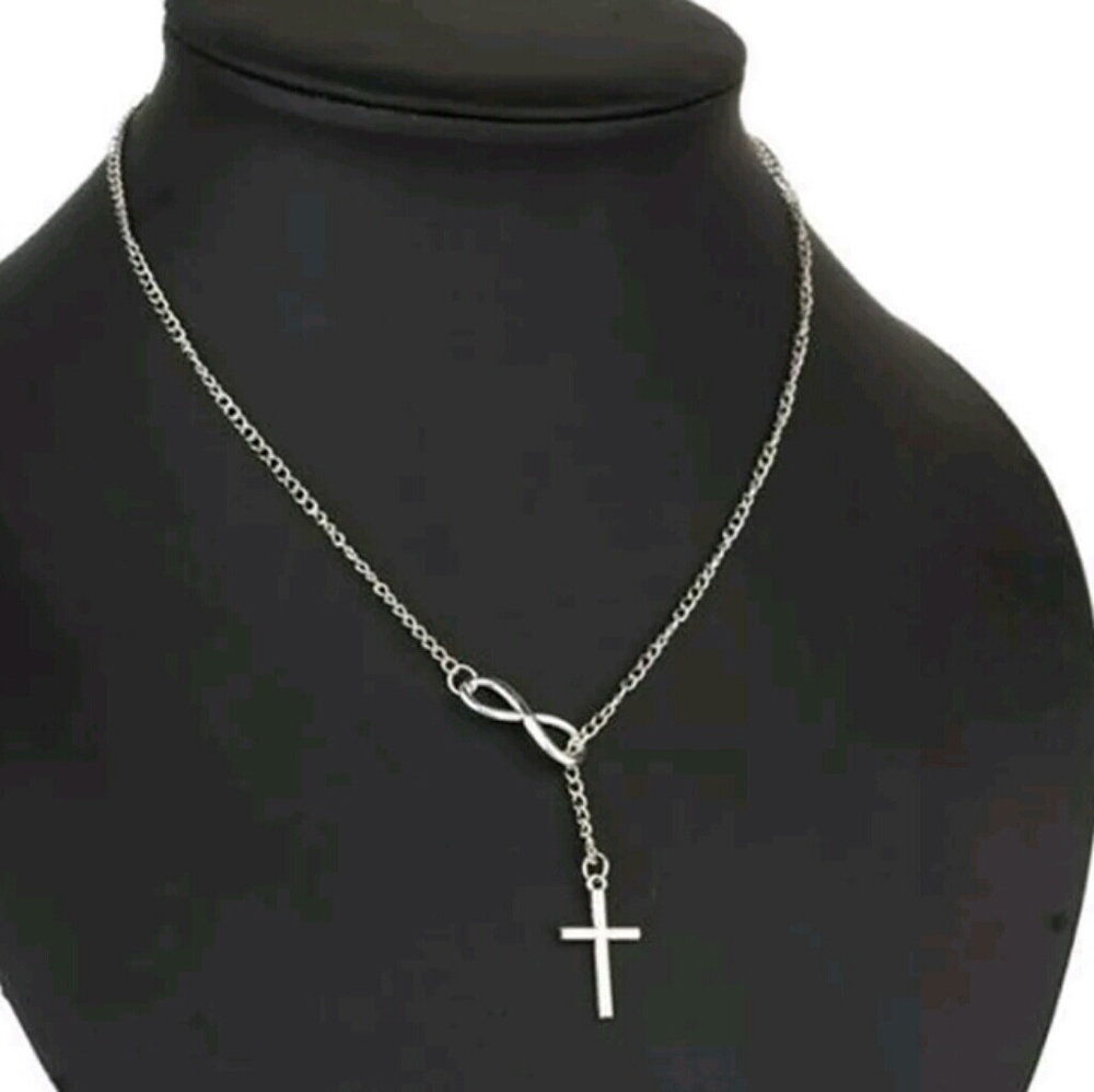 Silver Dainty Infinity and Cross Lariat Necklace - Picture 2 of 3