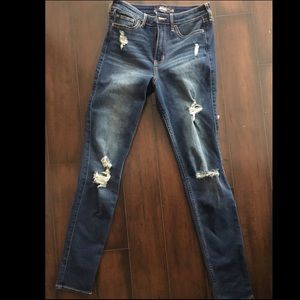 High waisted dark wash distressed denim shorts