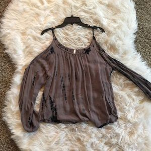 white/brown tie dye open shoulder shirt