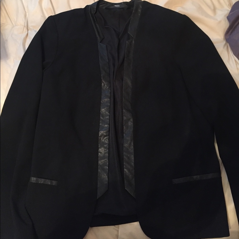 Black Open Blazer with Leather Trim