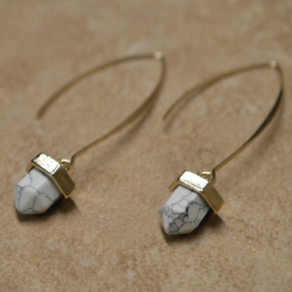 Bohemian White and Gold Pyramid Earrings - Picture 2 of 4