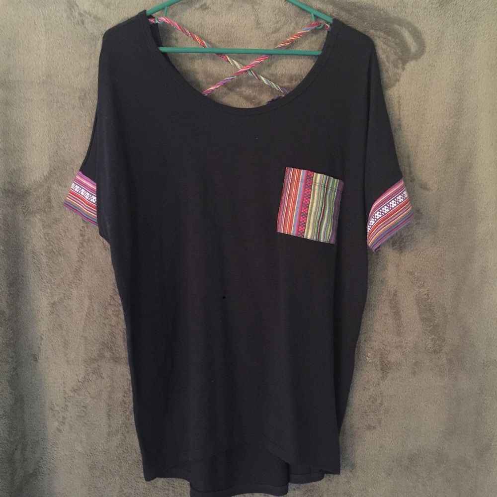navy blue shirt with colorful stitching