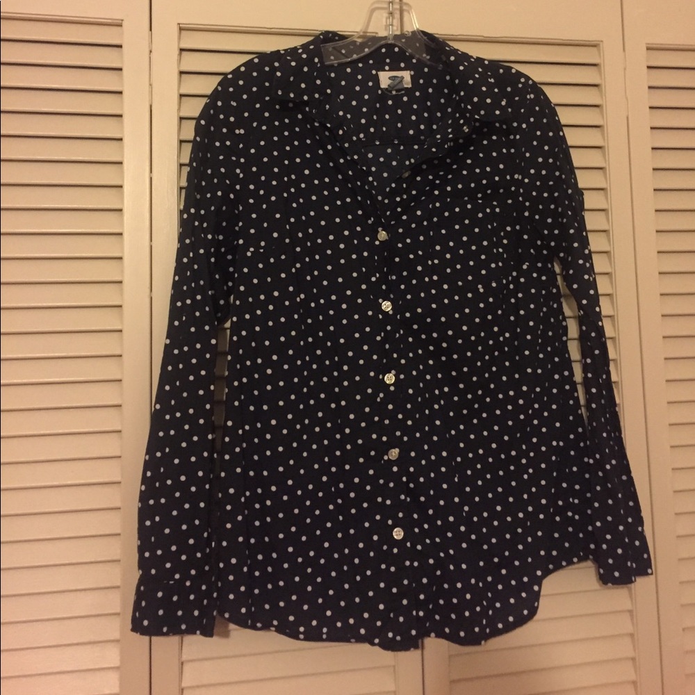 Navy and white polkadot top