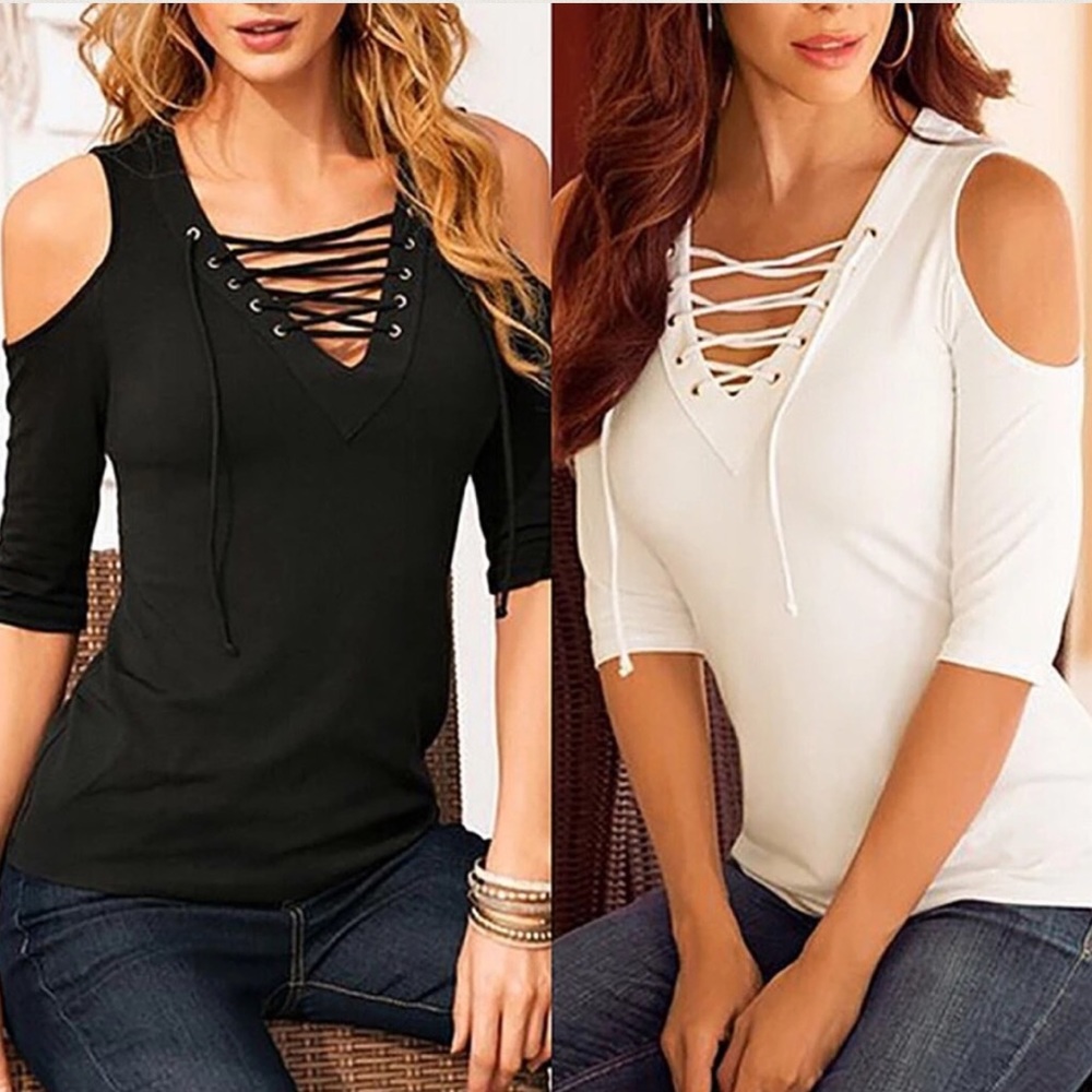Lace Up Sexy V-Neck Open Cold Shoulder Tops -Black