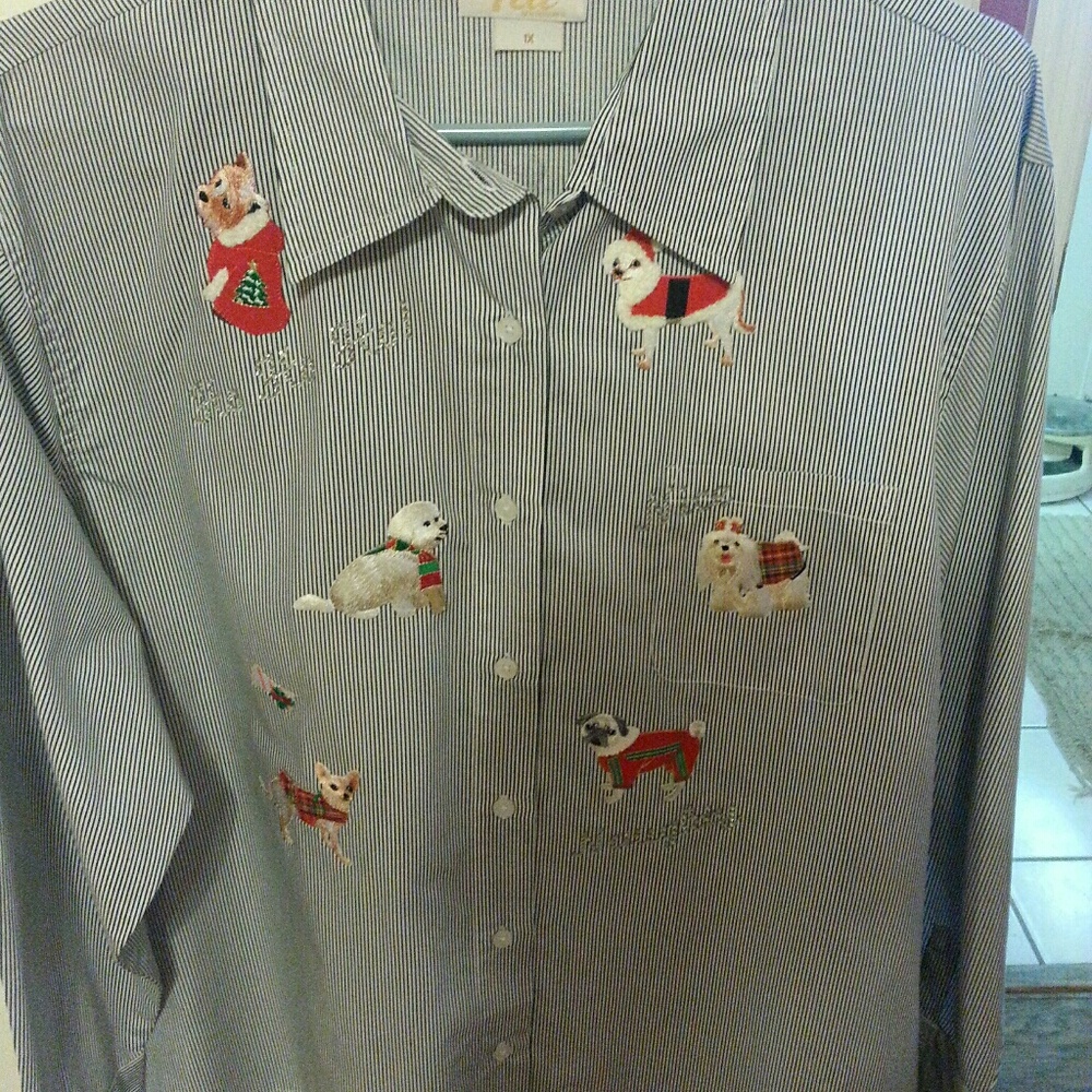 Pin stripe shirt with Christmas dog appliques.