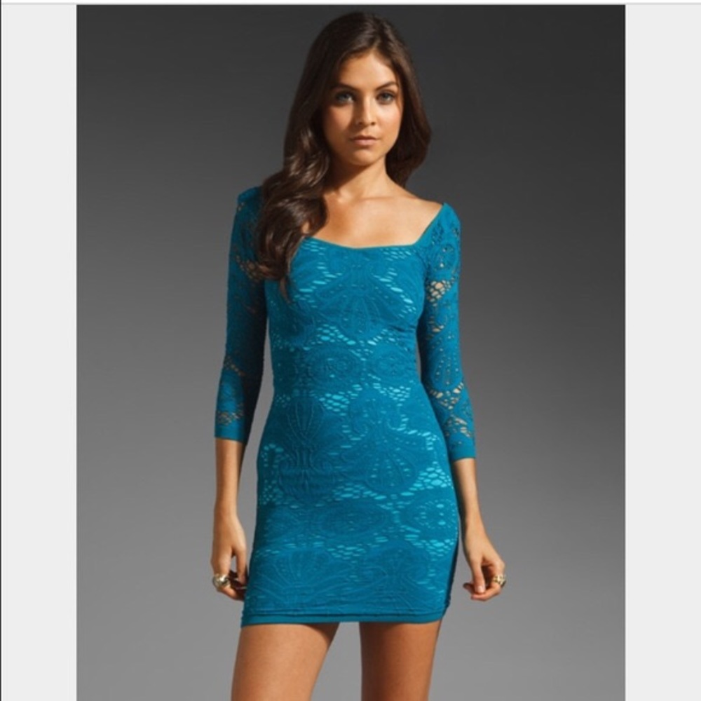 FREE PEOPLE teal bodycon lace-type mini dress NWT