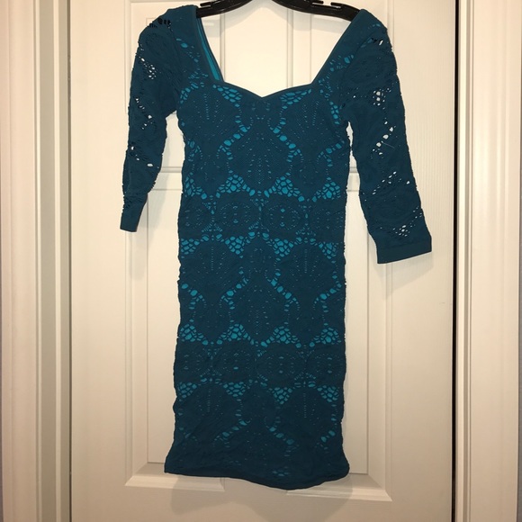 FREE PEOPLE teal bodycon lace-type mini dress NWT - Picture 5 of 8