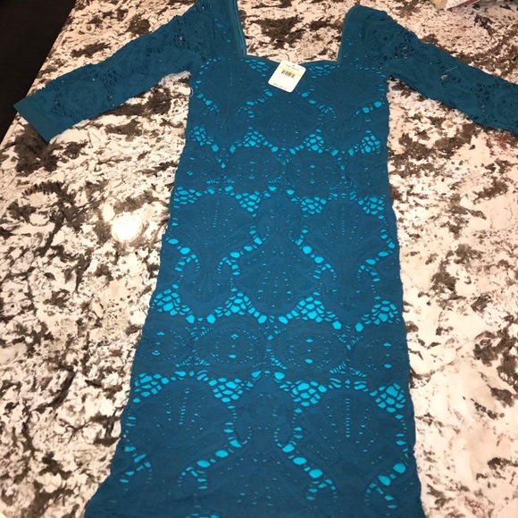 FREE PEOPLE teal bodycon lace-type mini dress NWT - Picture 6 of 8