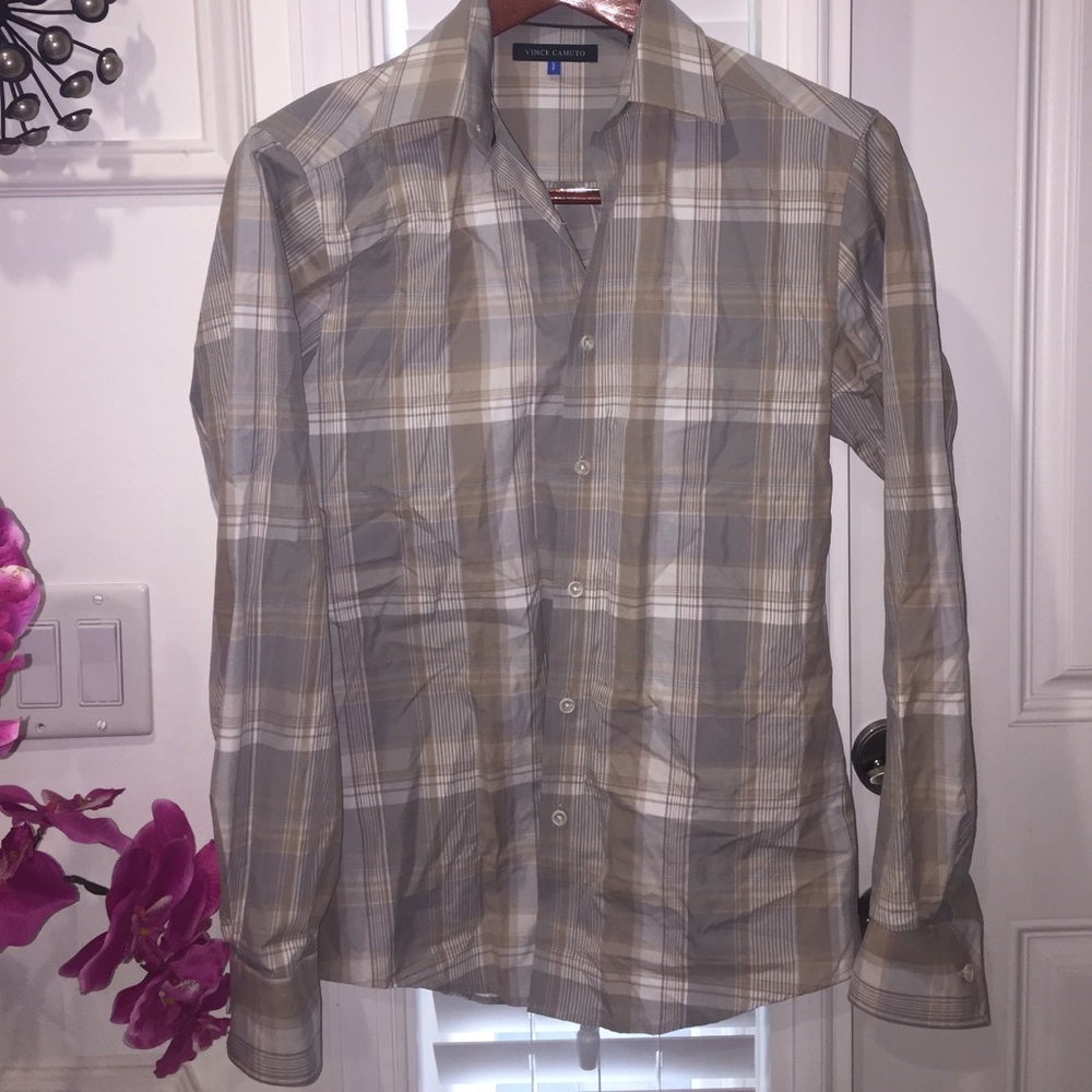 Vince Camuto: Tan Plaid Button-Down Shirt, Small