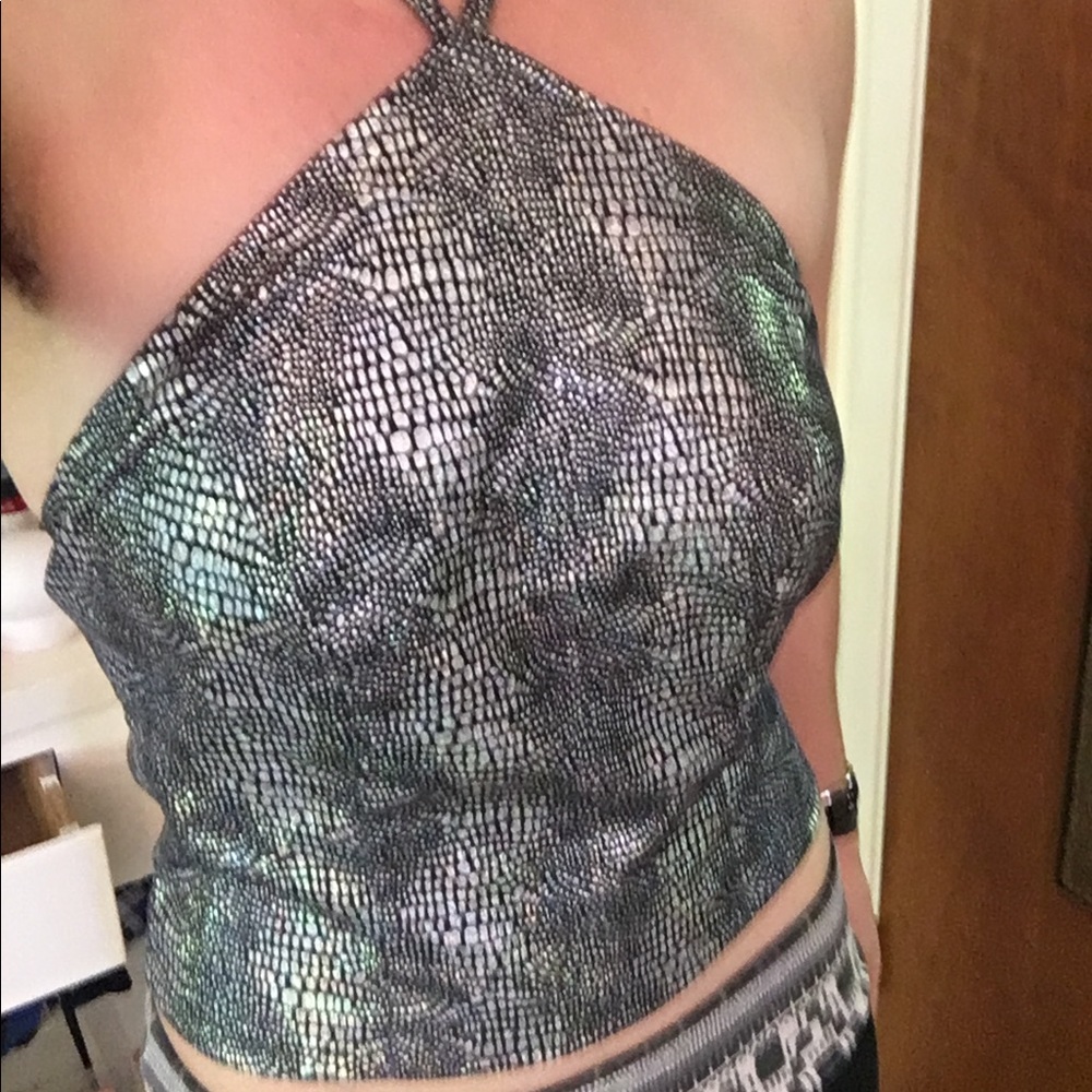 Rainbow metallic silver rave halter top