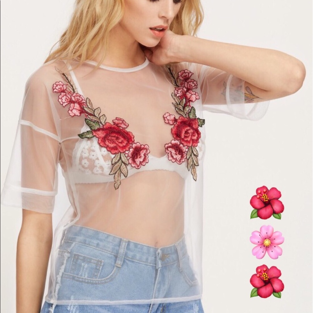 White sheer rose embroidered applied top