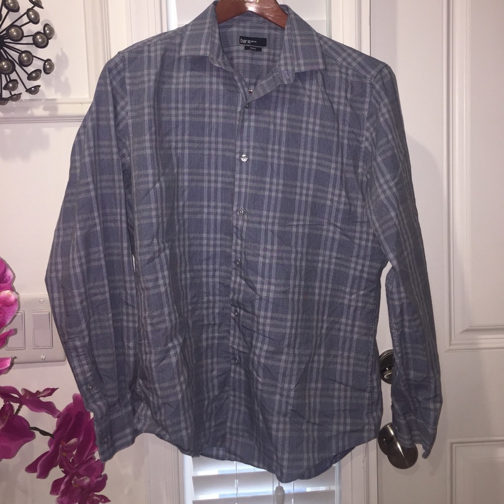 Bar III: Navy Blue/White Slim Plaid Button-Down, L