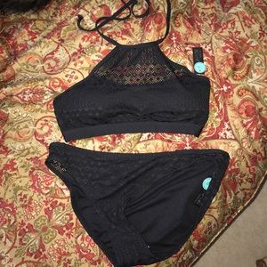 Crochet high neck top black with bottoms