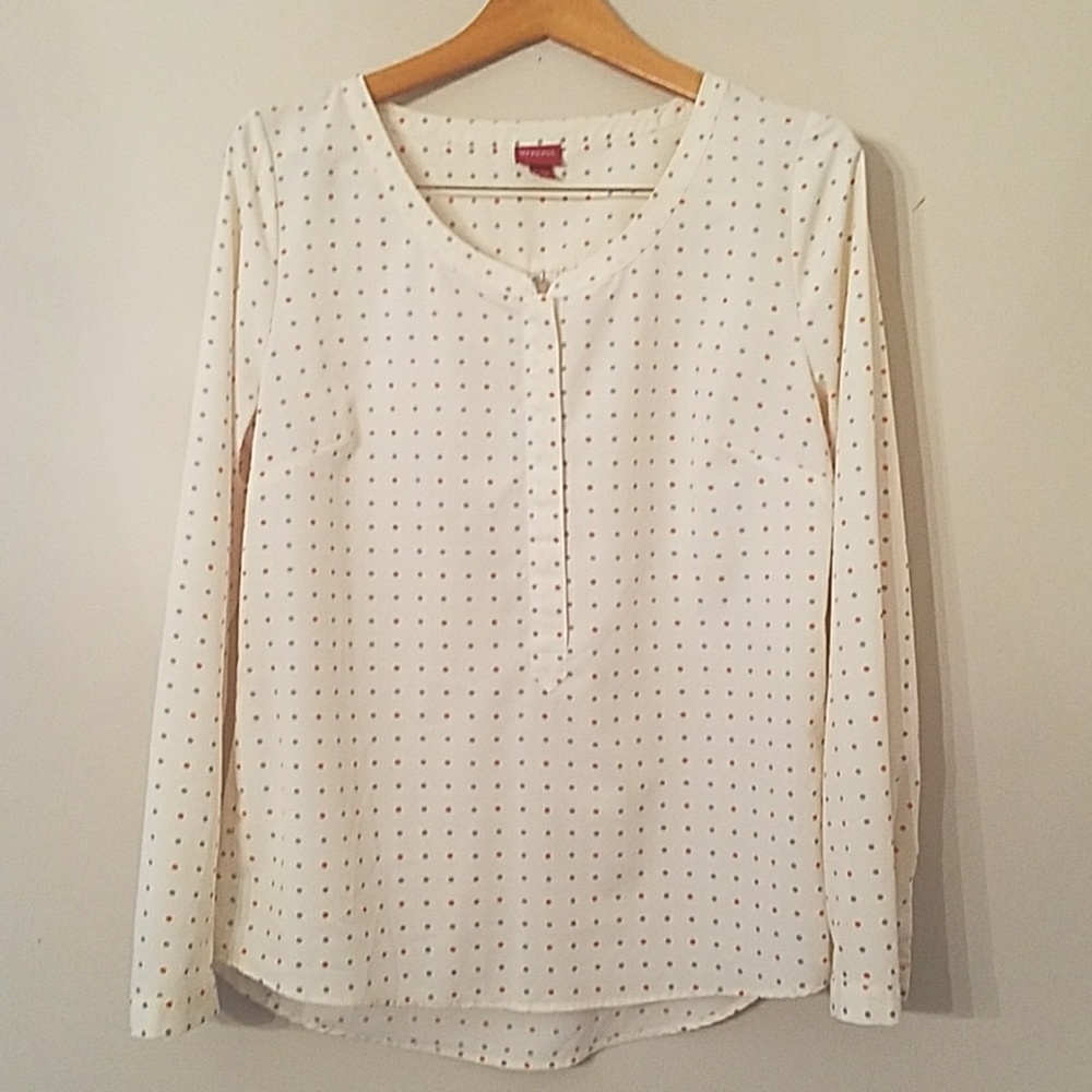 Merona blouse, cream with coral/gray polka dots