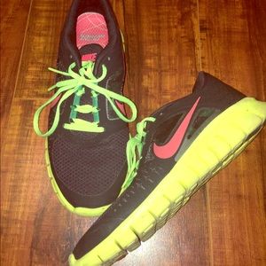 Nike Free Run 3 black neon running sneakers sz 7Y