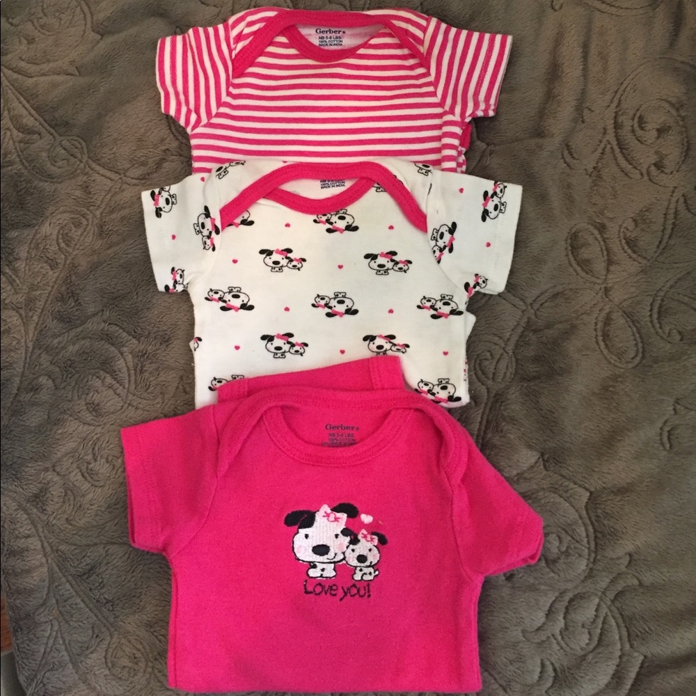 3 gently used NB Gerber Pink Doggy Onesies