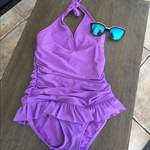 Violet girls' halter top one piece swimsuit.