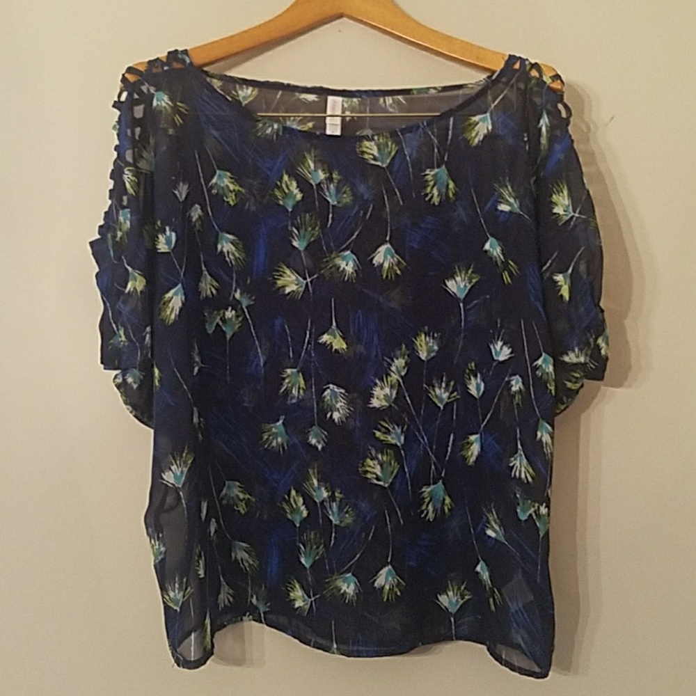 Xhilaration sheer peasant top, dark blue, floral