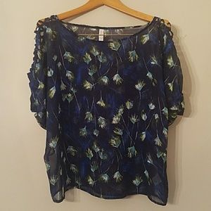 Xhilaration sheer peasant top, dark blue, floral