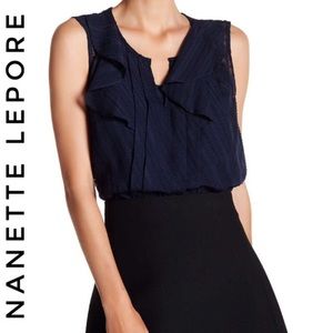 🆕$79 Nanette Lepore Split Neck Ruffle Blouse Navy