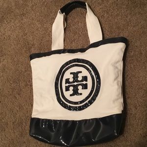 Tory Burch canvas patent leather tote bag