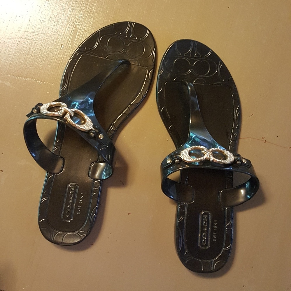 Black coach rhinestone flip flops