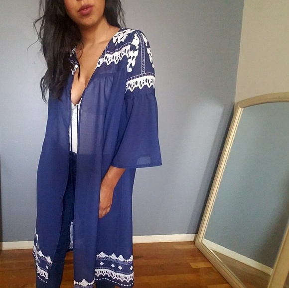 LAST ONE//AT GREAT LENGTHS NAVY PRINT CARDIGAN - Picture 2 of 7