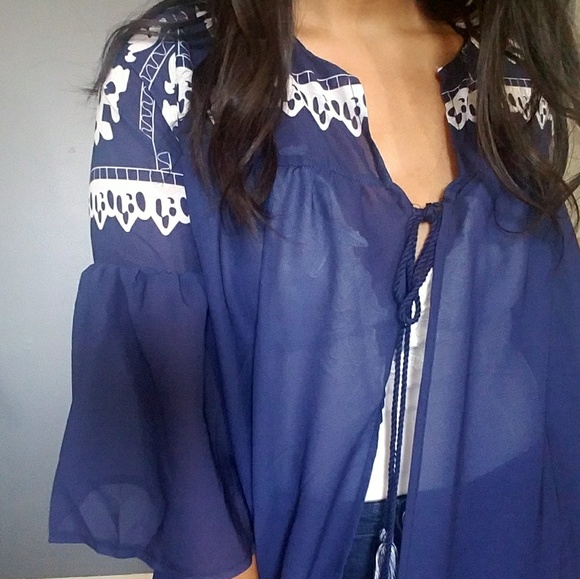 LAST ONE//AT GREAT LENGTHS NAVY PRINT CARDIGAN - Picture 5 of 7