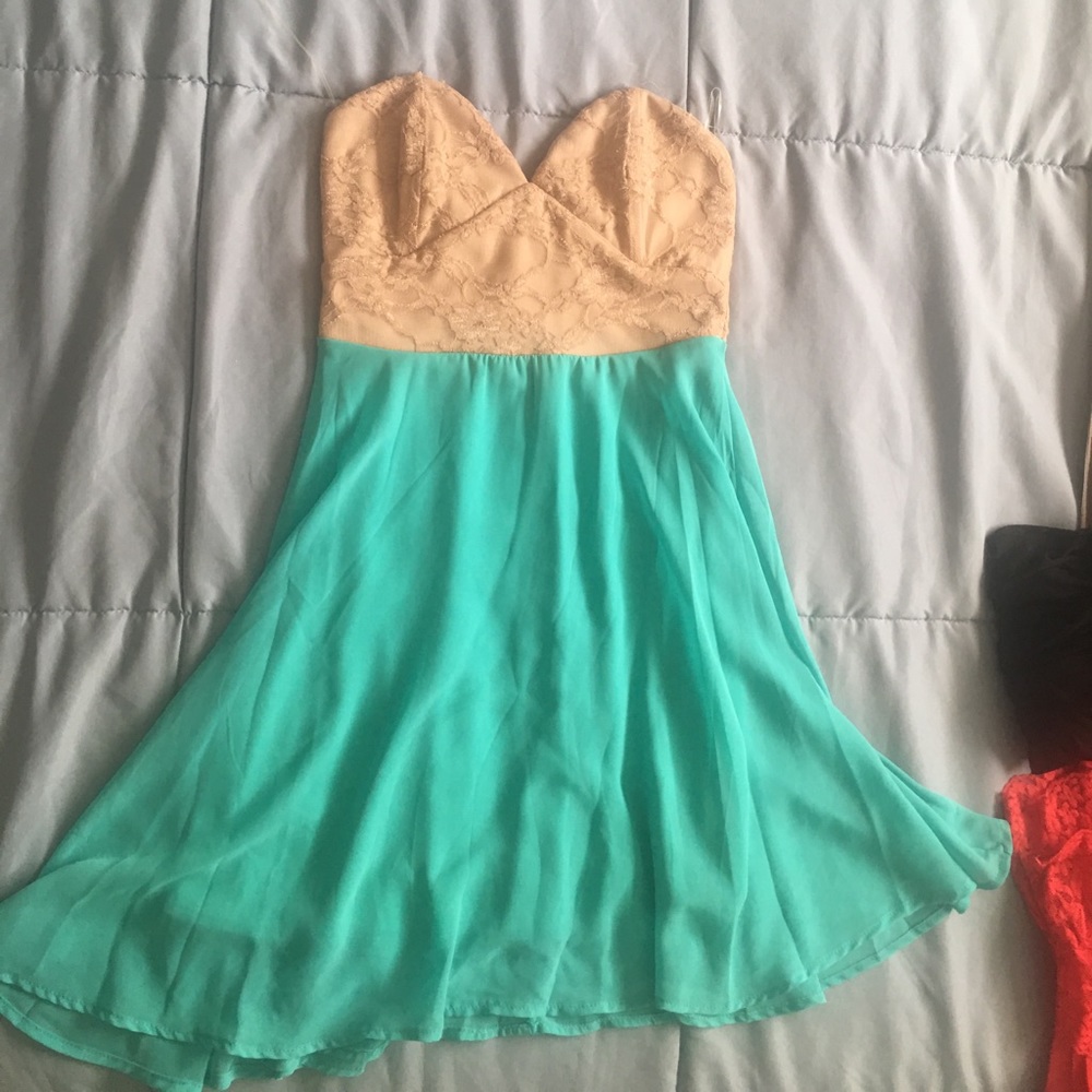 Tan and mint strapless dress