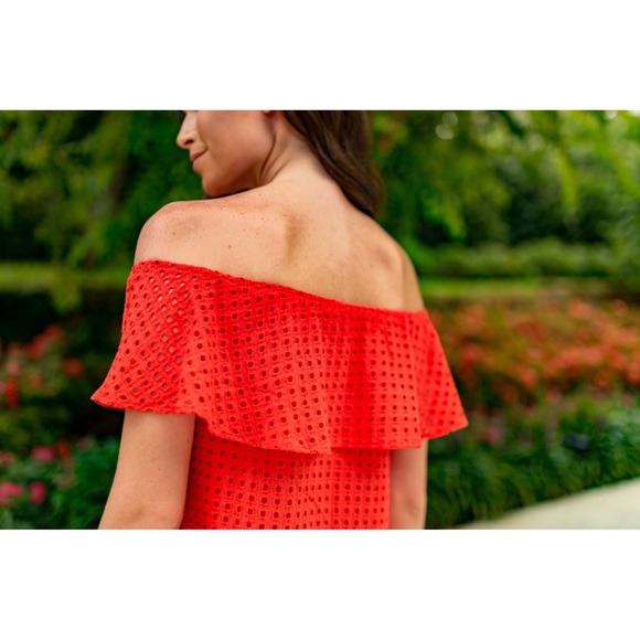 🆕 Cherry Red Off the Shoulder Cotton Eyelet Top - Picture 7 of 8