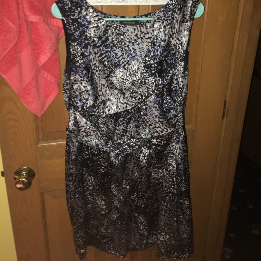 gray, black, blue, and white wrap style dress