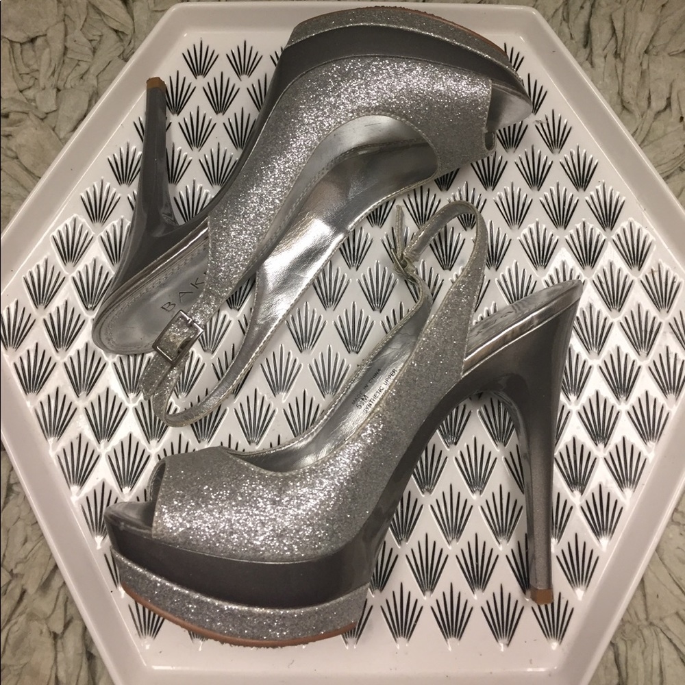 Baker's open toed heels silver sparkles