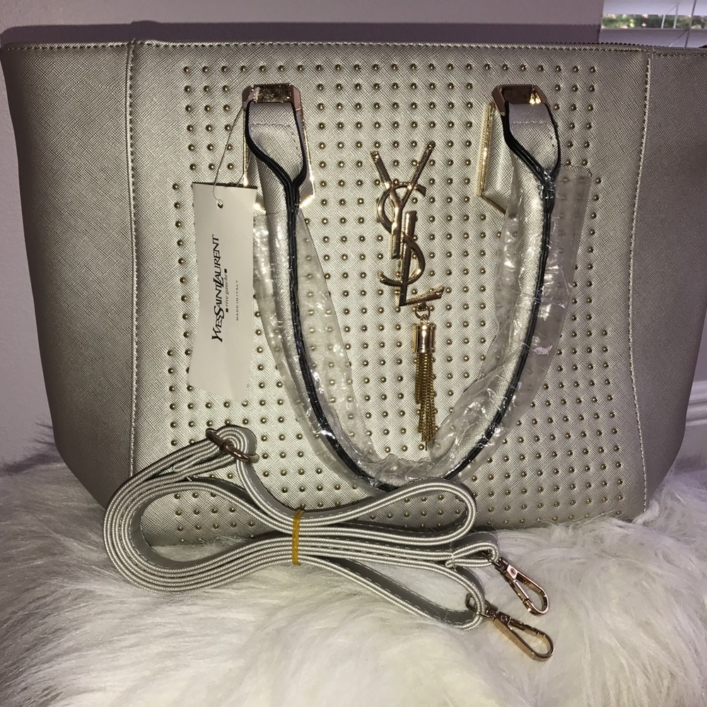 Gray silver gold lg studded handbag monogram chain