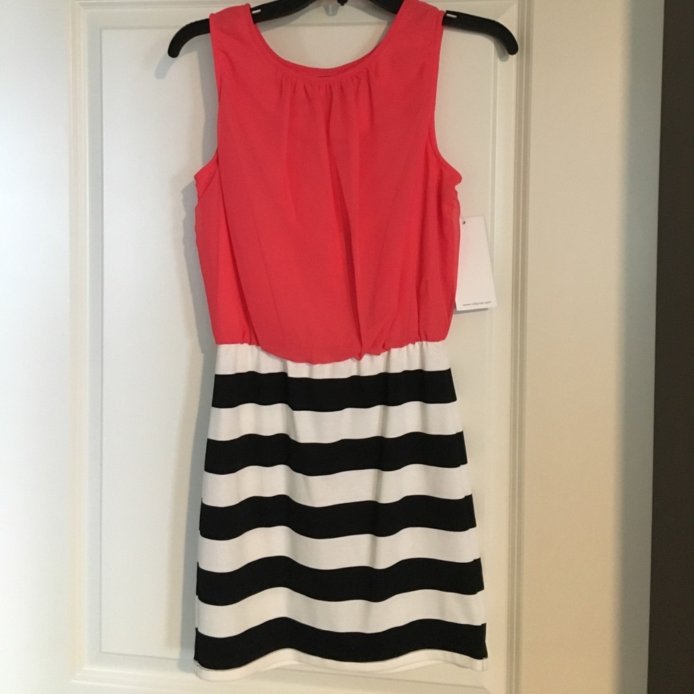 New with tags: coral/black and white striped dress