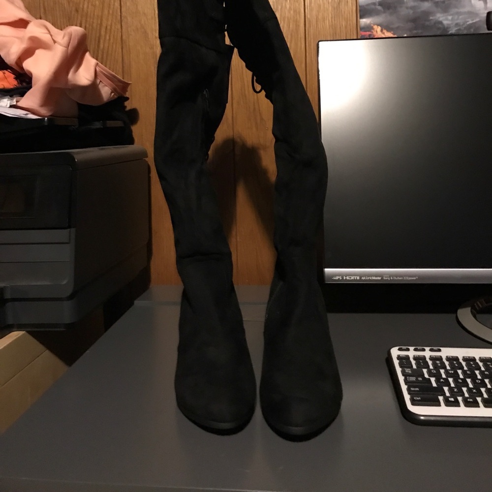 Black thigh high wide width boots